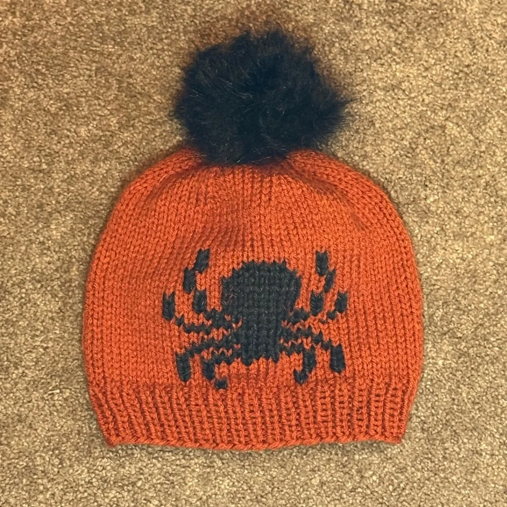 Hand Knit Spider Beanie 🕷️Pumpkin orange and black with removable faux fur Pom
